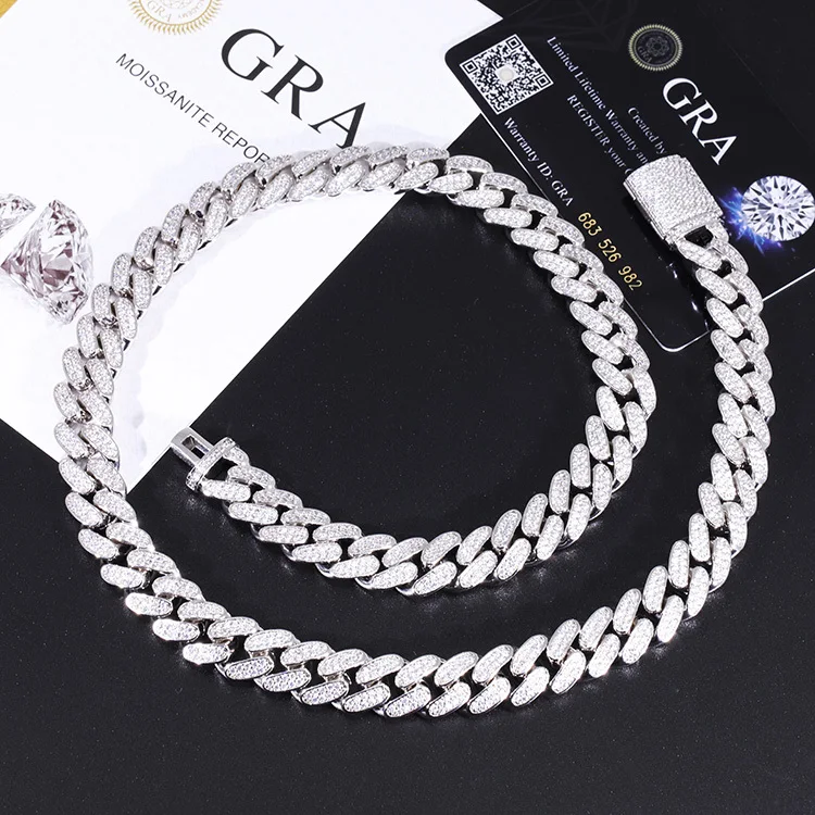 Yu Ying Hiphop Jewelry Cuban Chain 2rows 12/19mm Wide S925 Vvs Bling Moissanite Cuban Link Chain