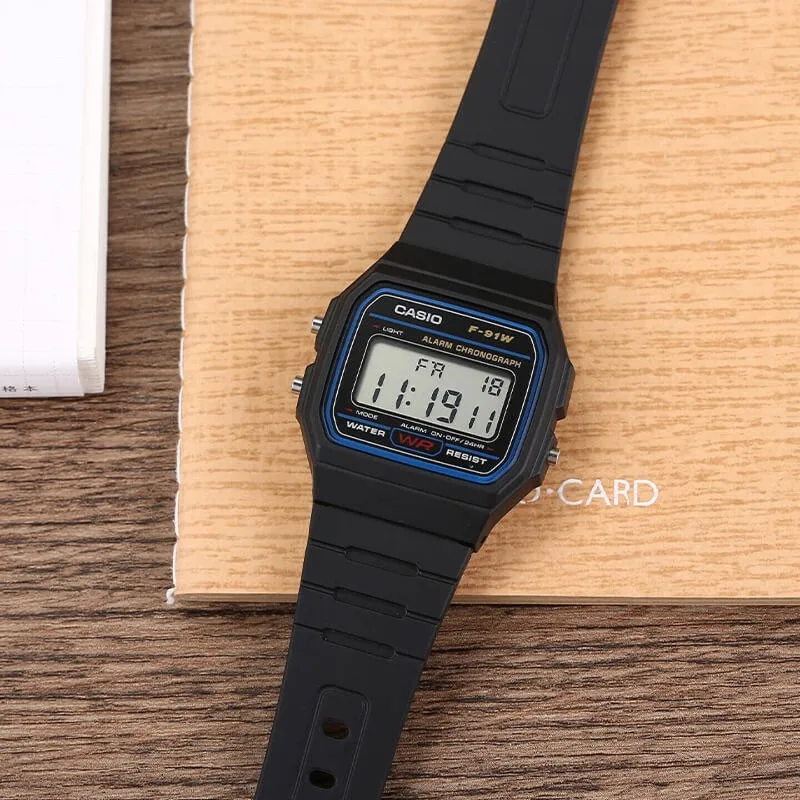 Montre carrée rétro vintage Casio F-91W-1, bracelet en résine léger de 21 g, batterie 7 ans, affichage LED, sportive et décontractée pour hommes et femmes