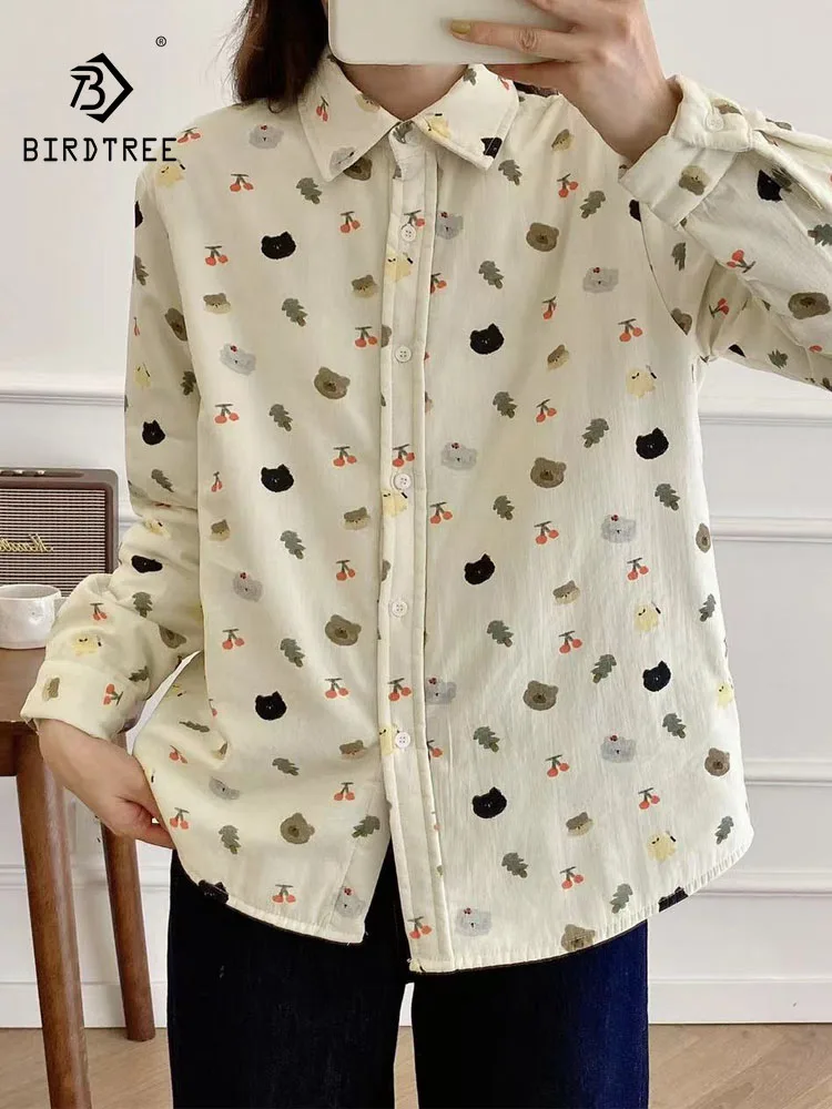 

New 2026 Spring Women Cotton Padded Long Sleeve Shirt, Turn-down Collar Print, Mori Girl Age Reduction Loose Blouse T62824CC