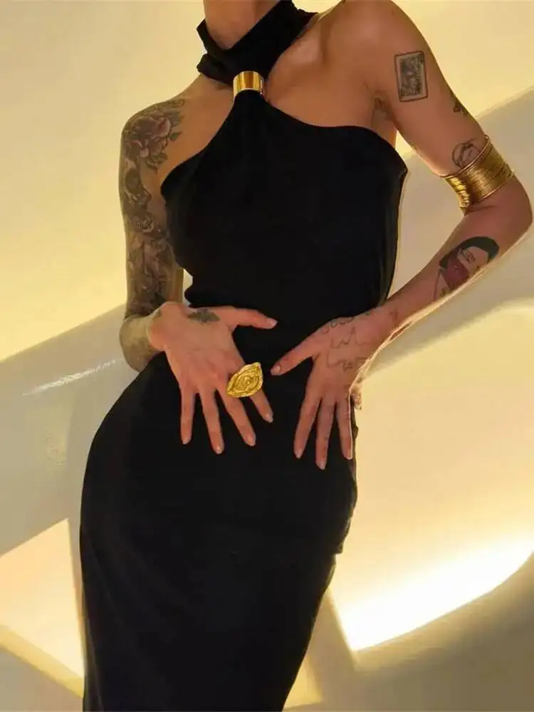 Coltrui Off-shoulder Sexy Gebreide Maxi Jurk Voor Vrouwen Jurk Metalen Gesp Strapless Mouwloze Hoge Taille Gebreide Jurk OMWW