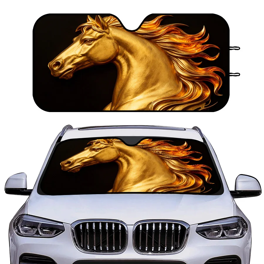 Multi-Functional Foldable Car Window Sun Shade With 3 Sizes, Golden Horse Pattern Design, Universal Fit For Windshield, Blocks U