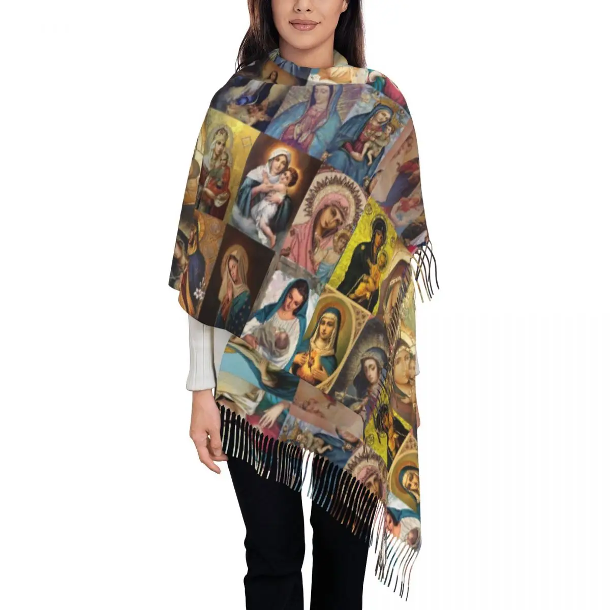 Virgin Mary Scarf Women Fashion Winter Wrap Shawl Catholic Christian Tassel Wraps