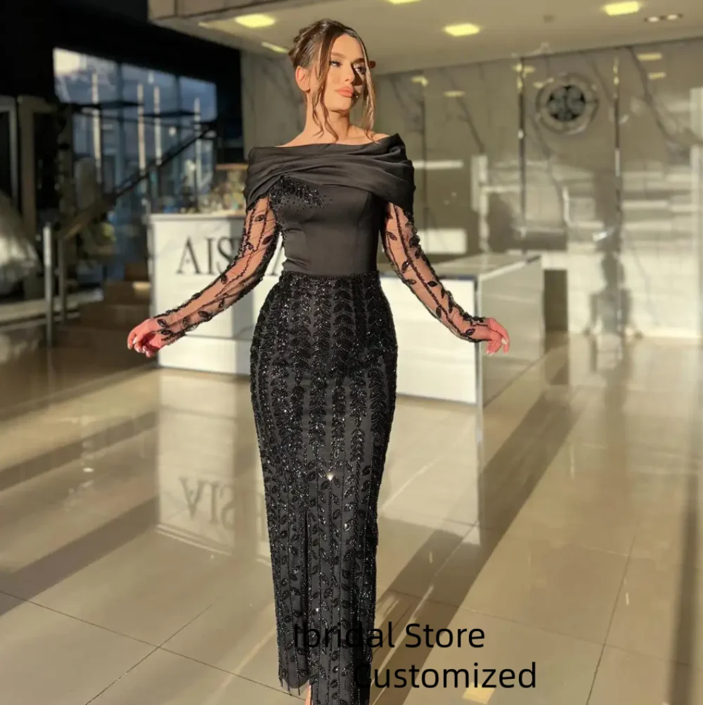 

Customized Luxury Beads Evening Dresses فساتين سهرة Black Vestidos De Festa Manual Long Sleeves Dress Prom