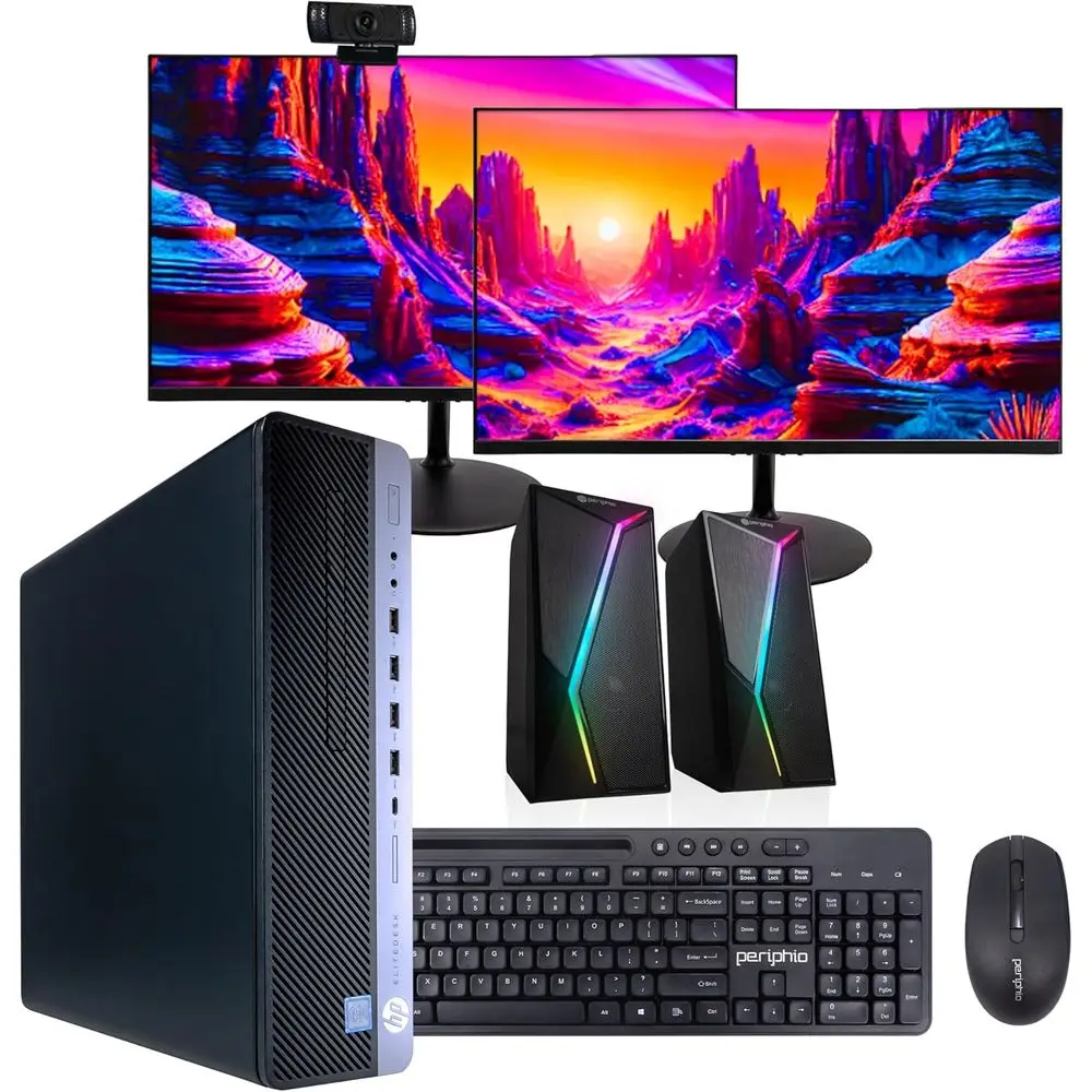 PC Desktop com Windows 11 Pro, Intel i5-8500, 32GB de RAM, 1TB SSD, Duas Telas de 24 Polegadas, Alto-falantes RGB, Webcam, Wi-Fi 6 AX200, Bluetooth