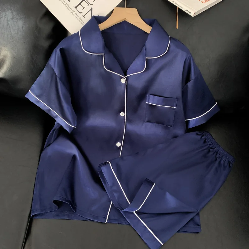 

New Women's Summer Ice Silk Sexy Pajamas Homewear Set Girls Senior Sense of Sweet Simple Thin Section Short-Sleeved Homewear Sui