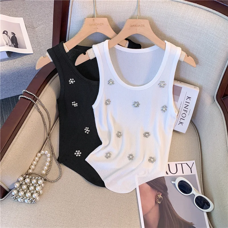 Black New Rhinestone Knitted Tank Top White Crew Neck Sleeveless Tank Top For Summer Women's Clothing Crop Top Camis