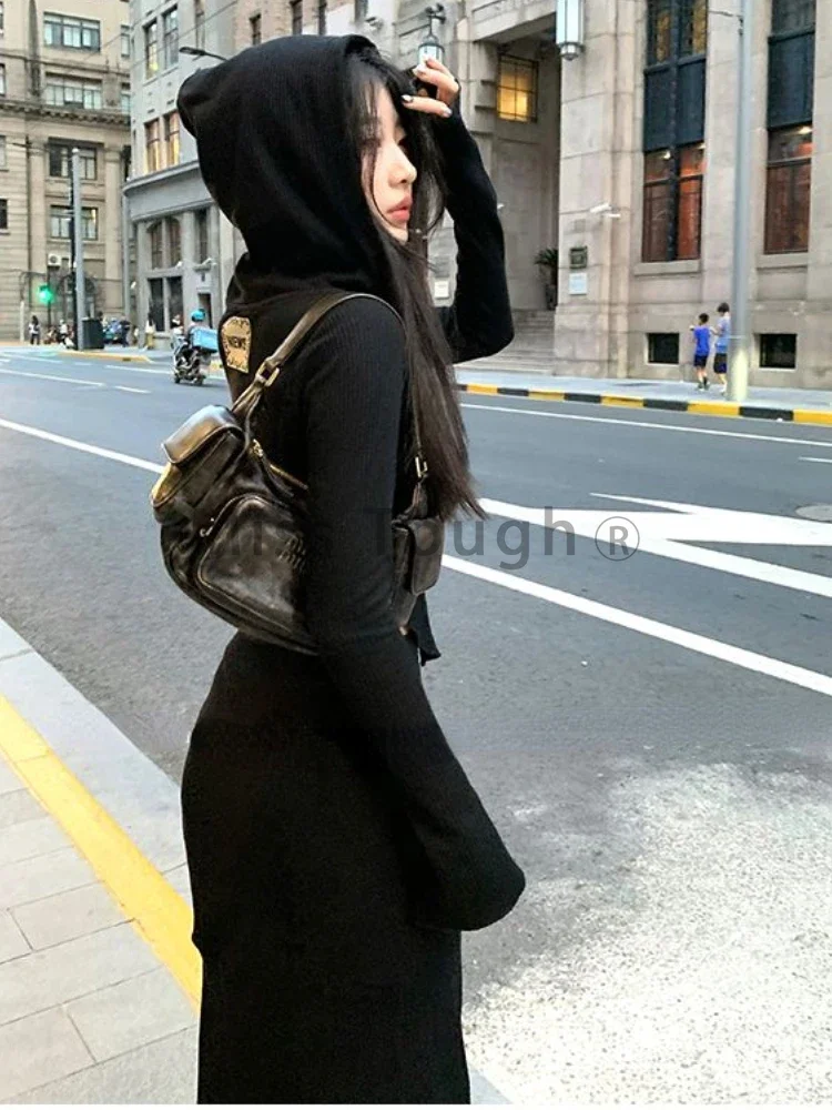 Korean Fashion Sexy Two Piece Sets Women Hooded Vintage Elegant Streetwear Midi Skirt Suit Female Autumn Winter Casual Set 2024