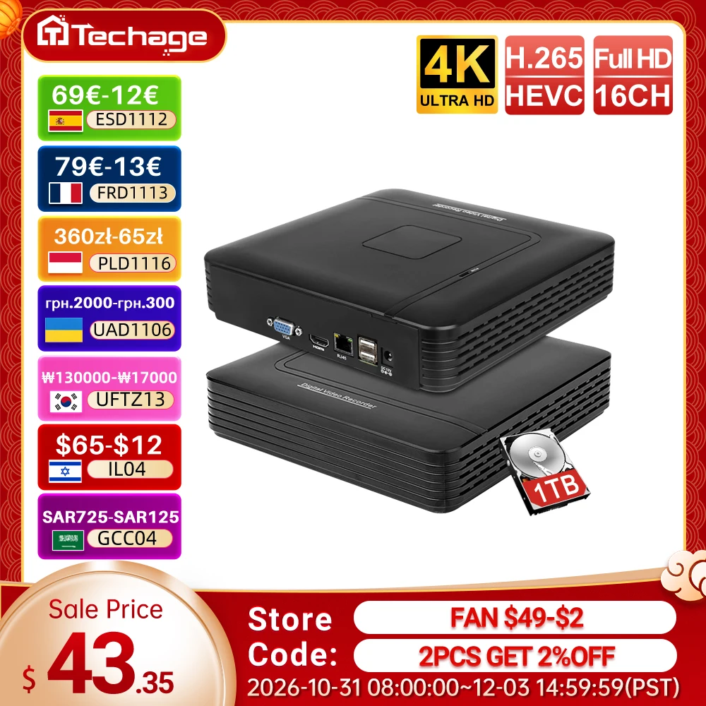 Techage H.265 16CH 8MP Mini CCTV NVR Ultra HD 4K/5MP/4MP/3MP Motion Detect Video Recorder P2P For IP Camera Security System