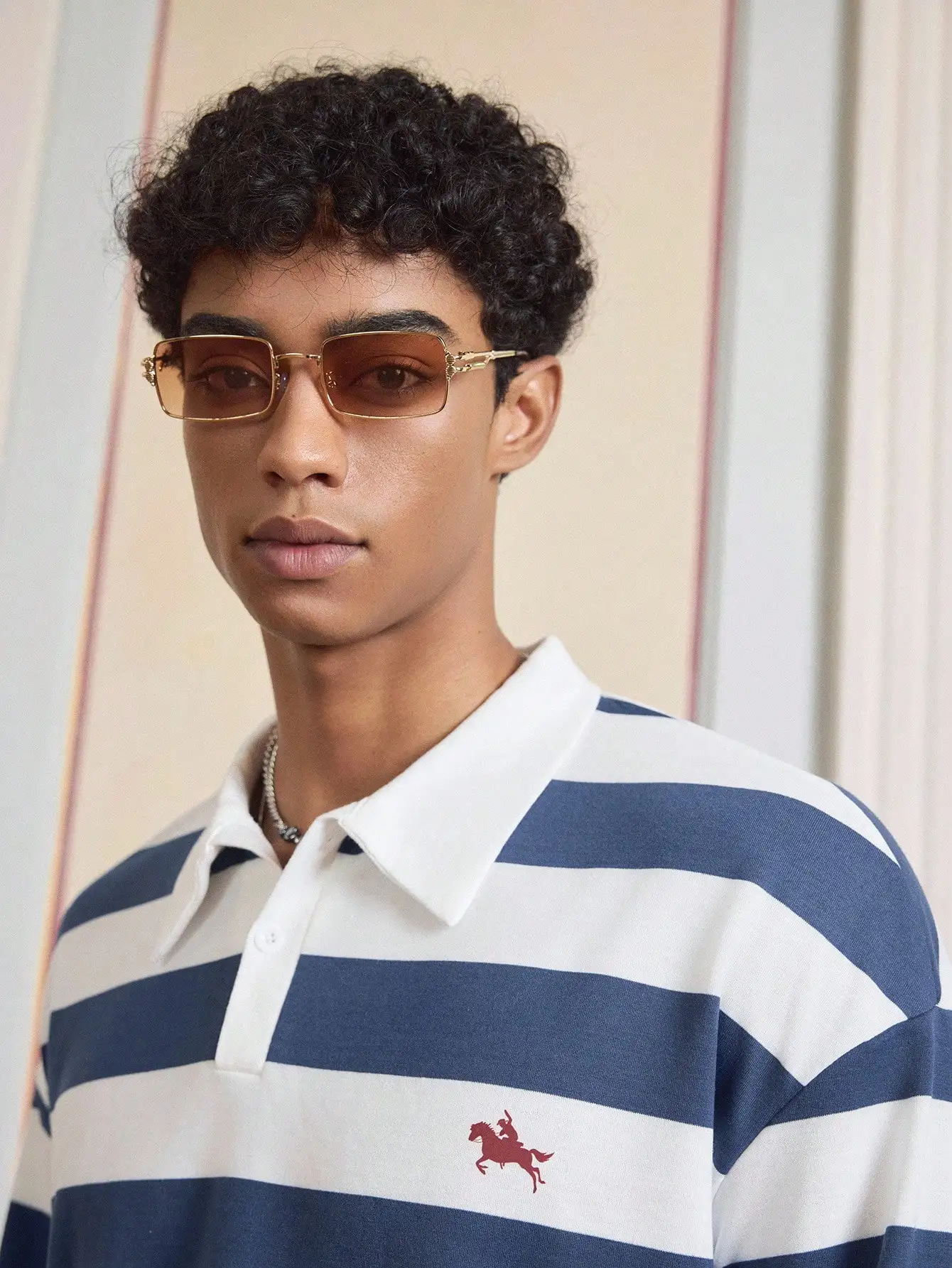 Men's Long Sleeve Striped Polo Shirt, Casual Fit, Navy and White, Fall Season