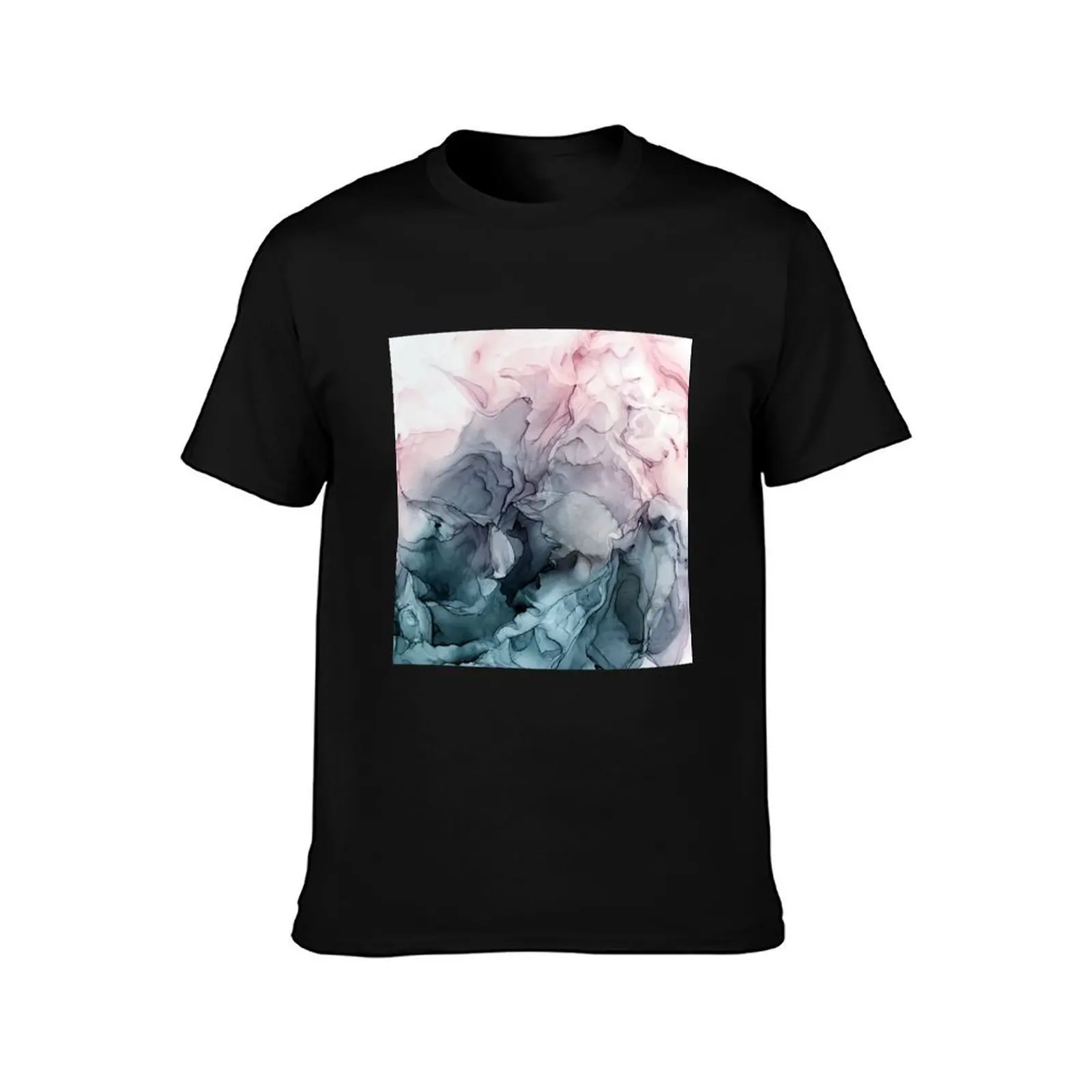 Blush and Payne's Grey Flowing Abstract Painting T-Shirt Summer Casual Cotton Tee Oversized Streetwear Tops Unisex Men Women