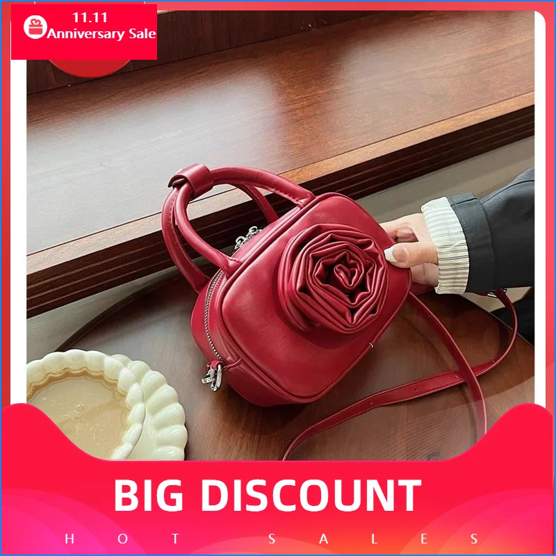 Luxury Elegant Three-dimensional Rose Flower Handbags Design Pleated Flower Shoulder Bag Women Wedding Party Square Boston Bags