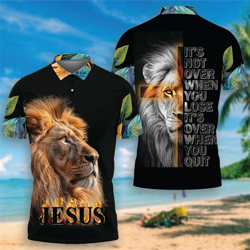 Christian Lion Graphic Polo Shirts For Men Clothes God Jesus POLO Shirt Harajuku Fashion Cross Short Sleeve Casual Unisex Tee