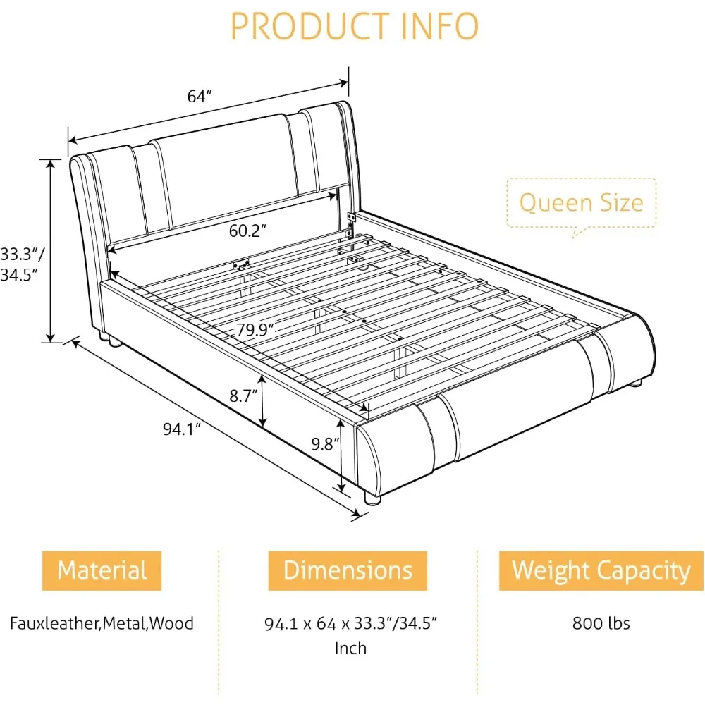 Modern faux leather king bed frame adjustable headboard and iron accents, luxury upholstered platform bed with solid wood slats