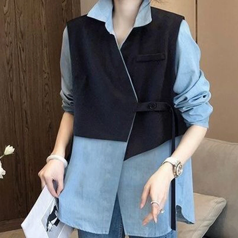 Shirt women\'s black vest splicing western style small design feeling fake two-piece blouse spring 2024 new style