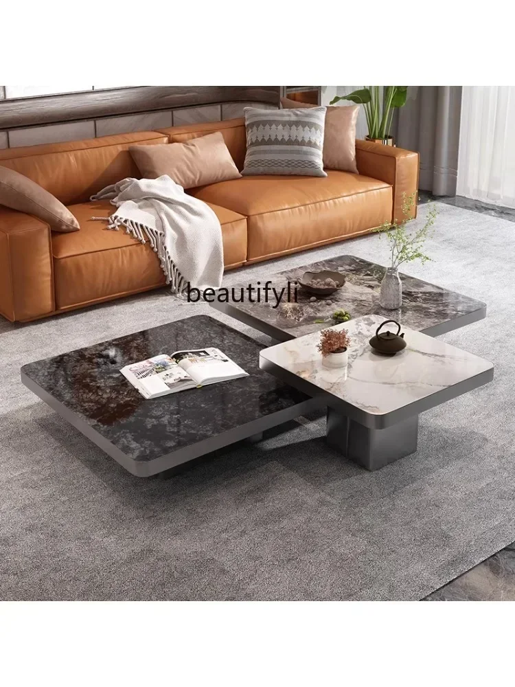 

02Light Luxury Tea Table High-End Italian Minimalist Stone Plate Square Combination Villa Marble Tea Table living room furniture