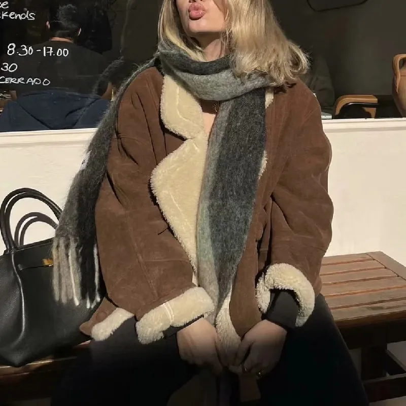 2023 Women Lapel Long sleeve Furry Single-breasted Buttons Warm Jacket Loose Outerwear Winter Vintage Suede Lamb Fur Coat