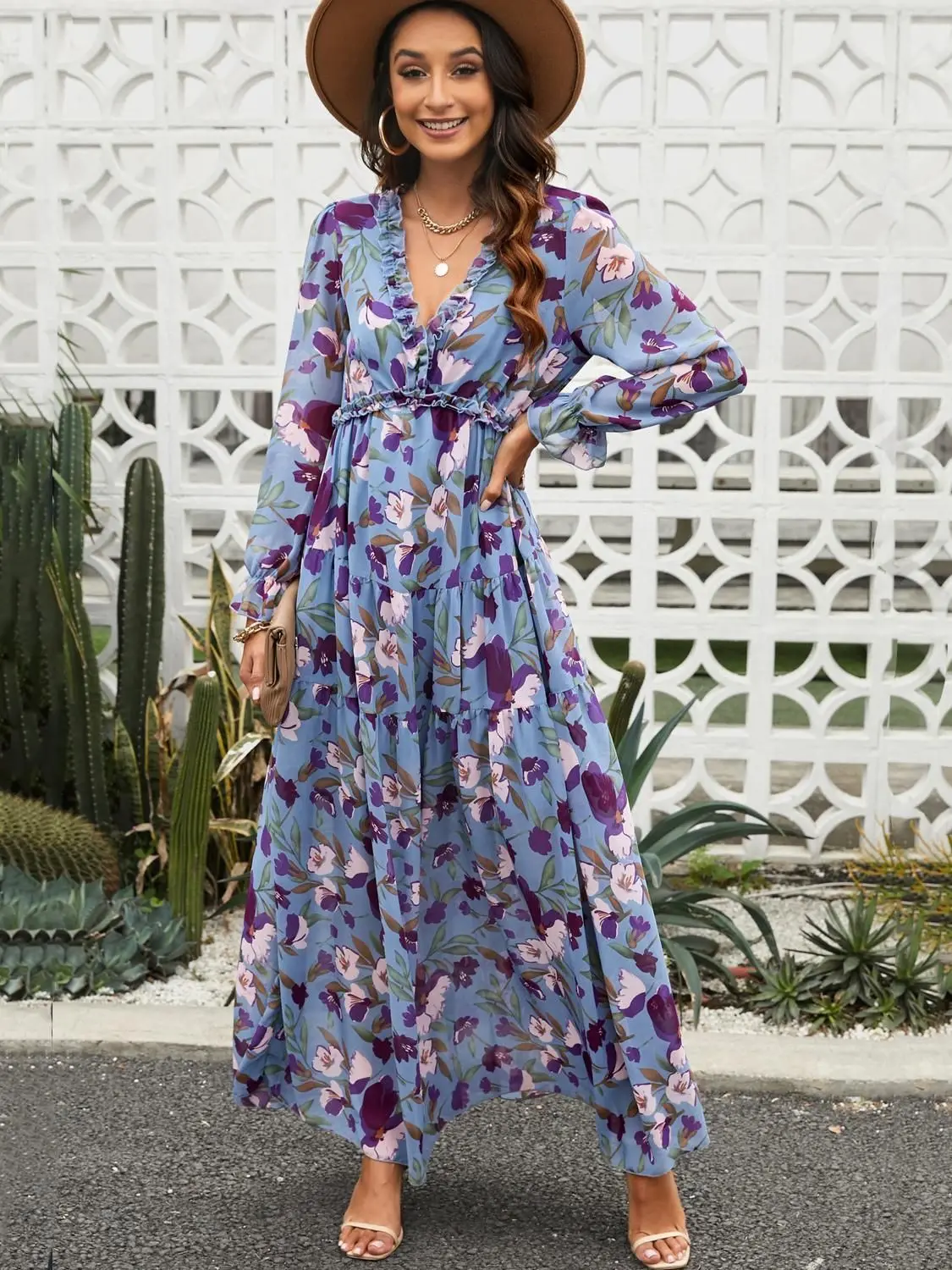 Elegantes Blumenmuster Damen Sommer Casual Rüschen Mehrlagiges Langarm V-Ausschnitt A-Linien Langes Maxi Party Loses Boho-Kleid – Detail 6