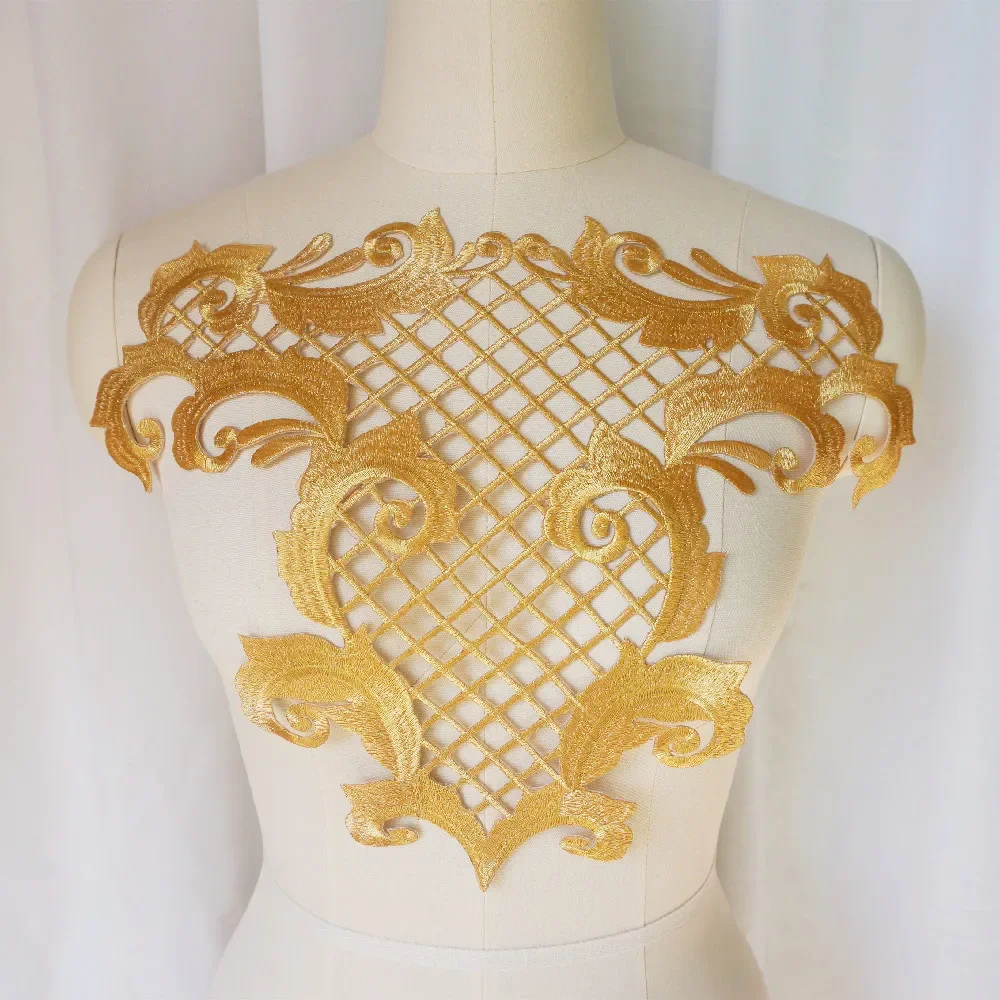 Large Retro Gold Embroidery Baroque Grid Flower Noble Applique Sew Iron Patch Wedding Bridal Gown Party Dress Clothes DIY Crafts