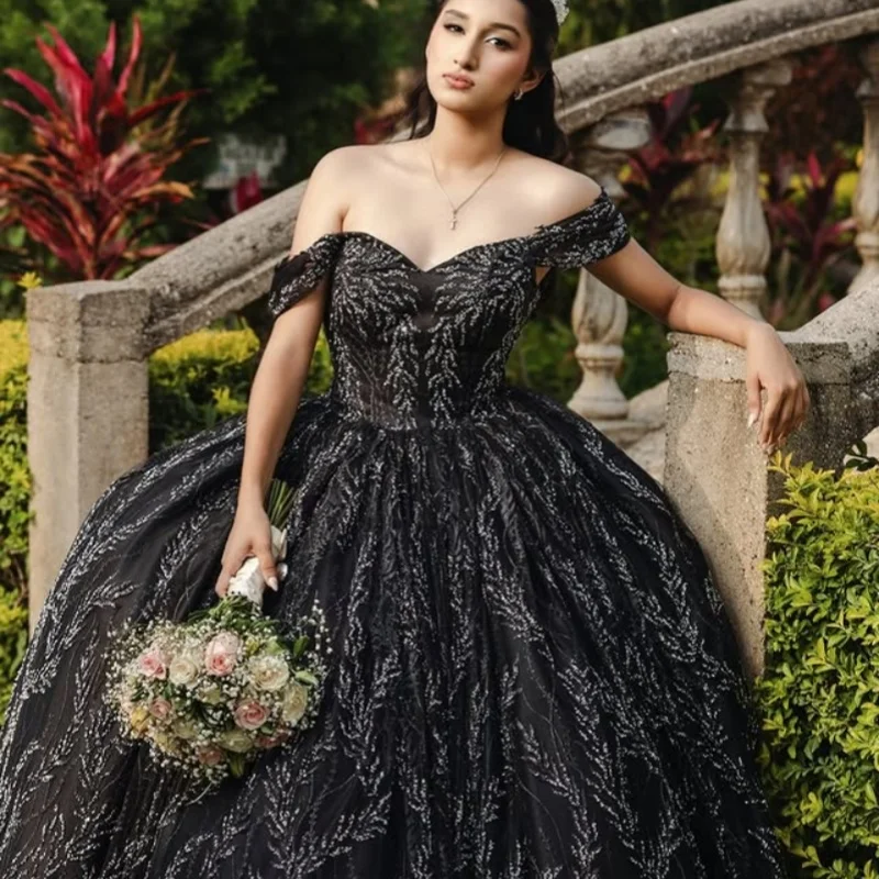 Vestidos De quinceañera negros brillantes personalizados con hombros descubiertos, calcomanía De lentejuelas, Vestido De cola larga De encaje, 15 quinceañera