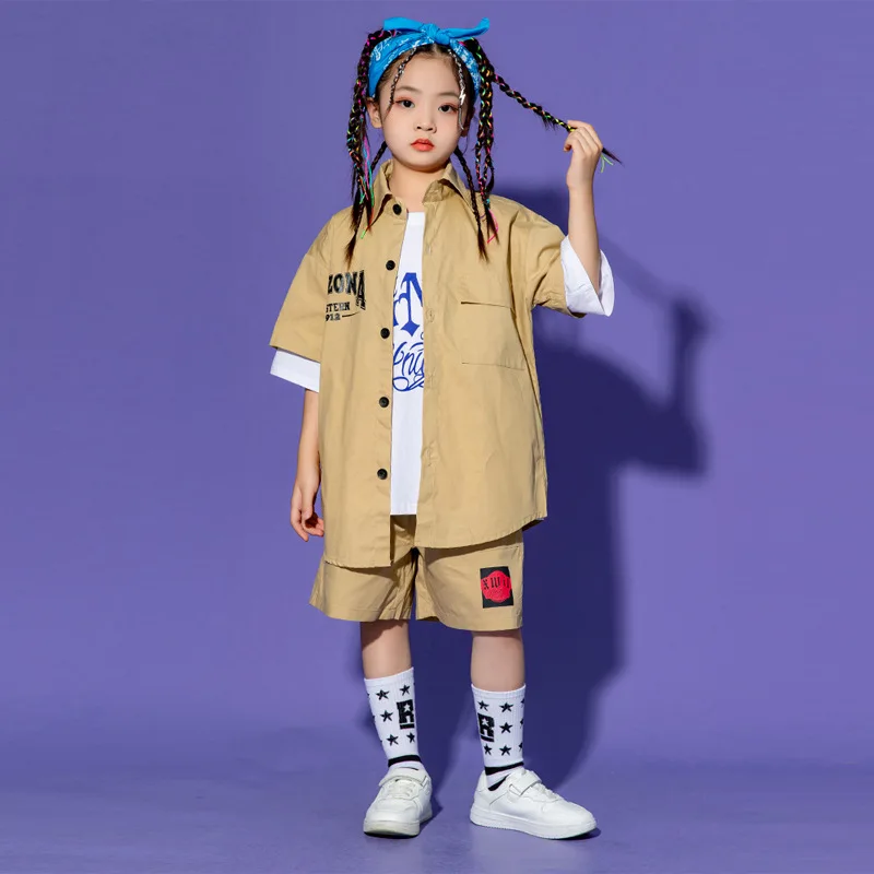 Street dance children's trendy clothing cool and handsome boy hip-hop set khaki girl hip-hop performance clothing children's clo