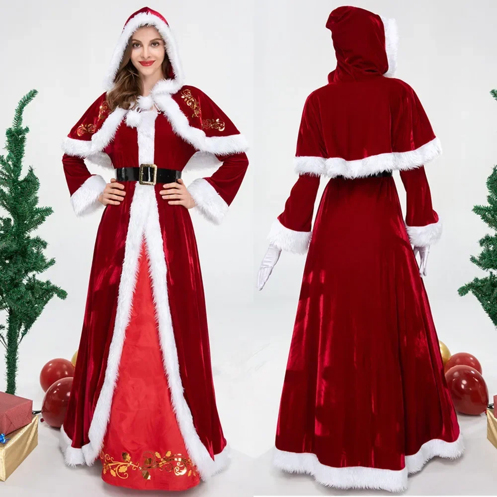 Deluxe Velvet Women Christmas Dress Cosplay Santa Claus Fancy Dress New Year Christmas Costume Robe Gowns Suit For Adults