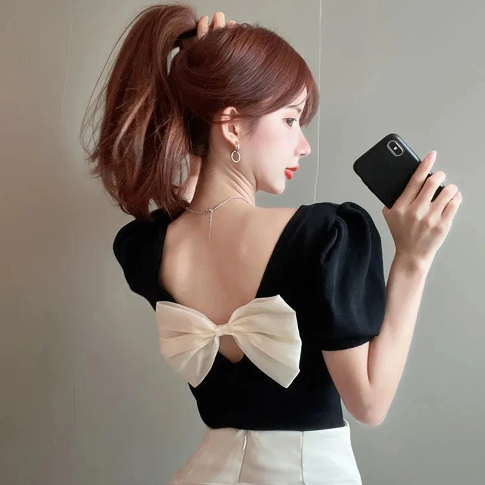 Korean Style Elegant T-shirt For Women 2024 New Summer Color Contrast Sexy Backless Bow Tops Ladies Black Slim Short Sleeved Tee