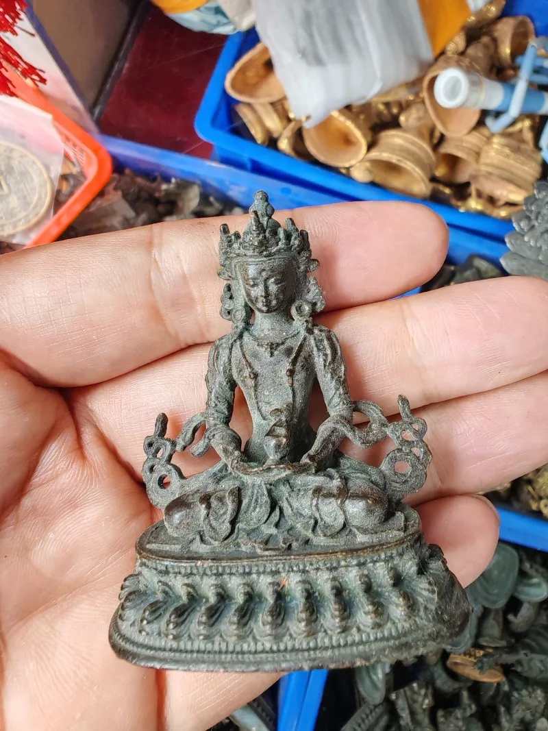 Vintage Buddha Decorative Figurine Resin Meditation Statue Bronze Green Patina Craft Ornament for Home Desktop Shelf Decor Gift