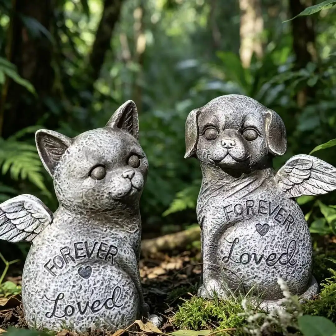 Angel Wing Cat & Dog Pet Grave Marker, Weatherproof Resin Memorial Stone For Outdoor Cemetery Use