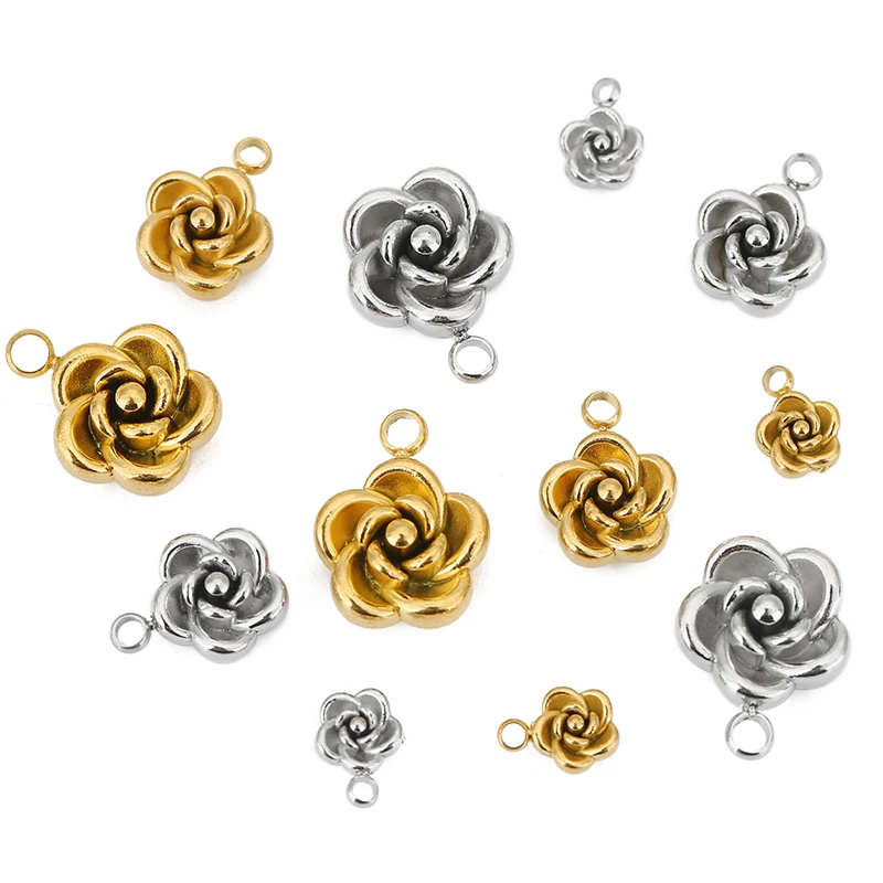 10pcs 5/8/10mm Stainless Steel PVD Gold Plated Rose Flower Charms for DIY Earring Necklace Bracelet Jewelry Making Supplies Bulk