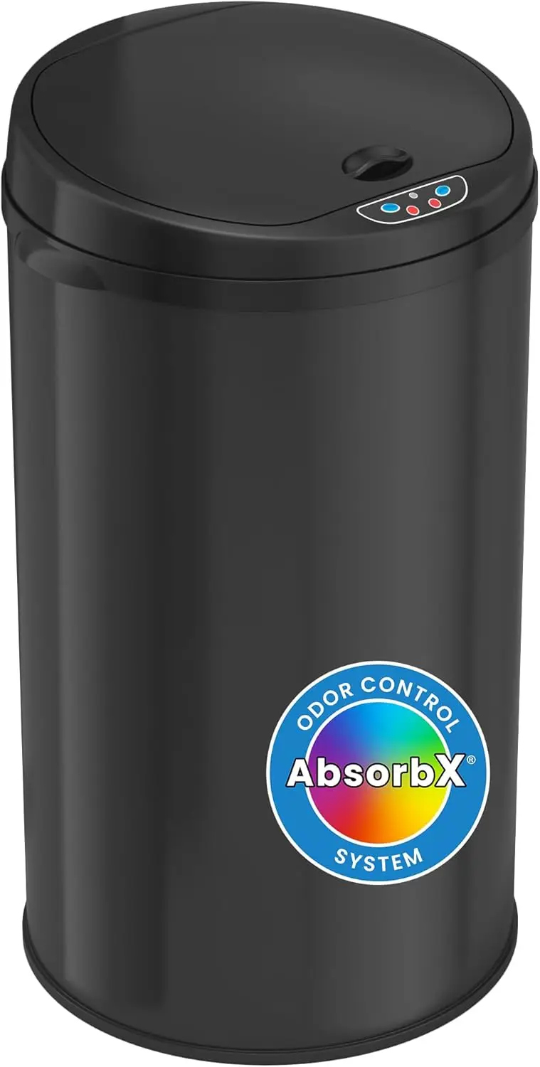

8 Gallon Touchless Sensor Trash Can with Odor Filter System, 30 Liter Round Black Steel Garbage Bin, Perfect for Home