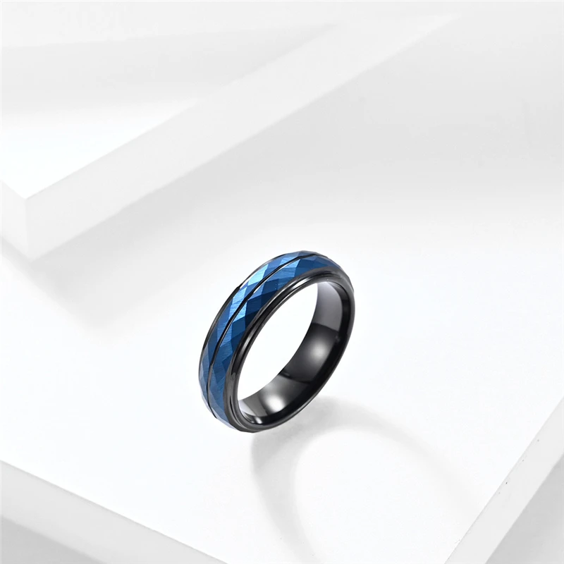 Tungsten Steel Blue Geometric Rhombus High Hardness High Quelity Fine Male Female Ring Polished No Fading WG007