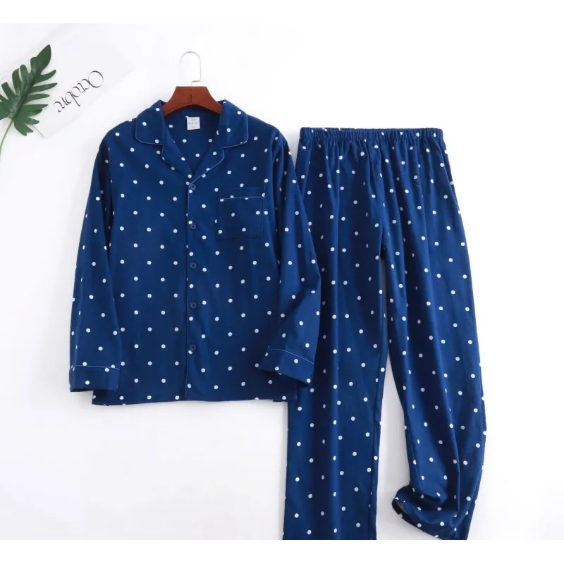 Spring Autumn MenPolka Dot Pajama Sets Male 100% Polished Pure Cotton Sleepwear Suit Plus Size Turn-down Collar Shirt & Pants