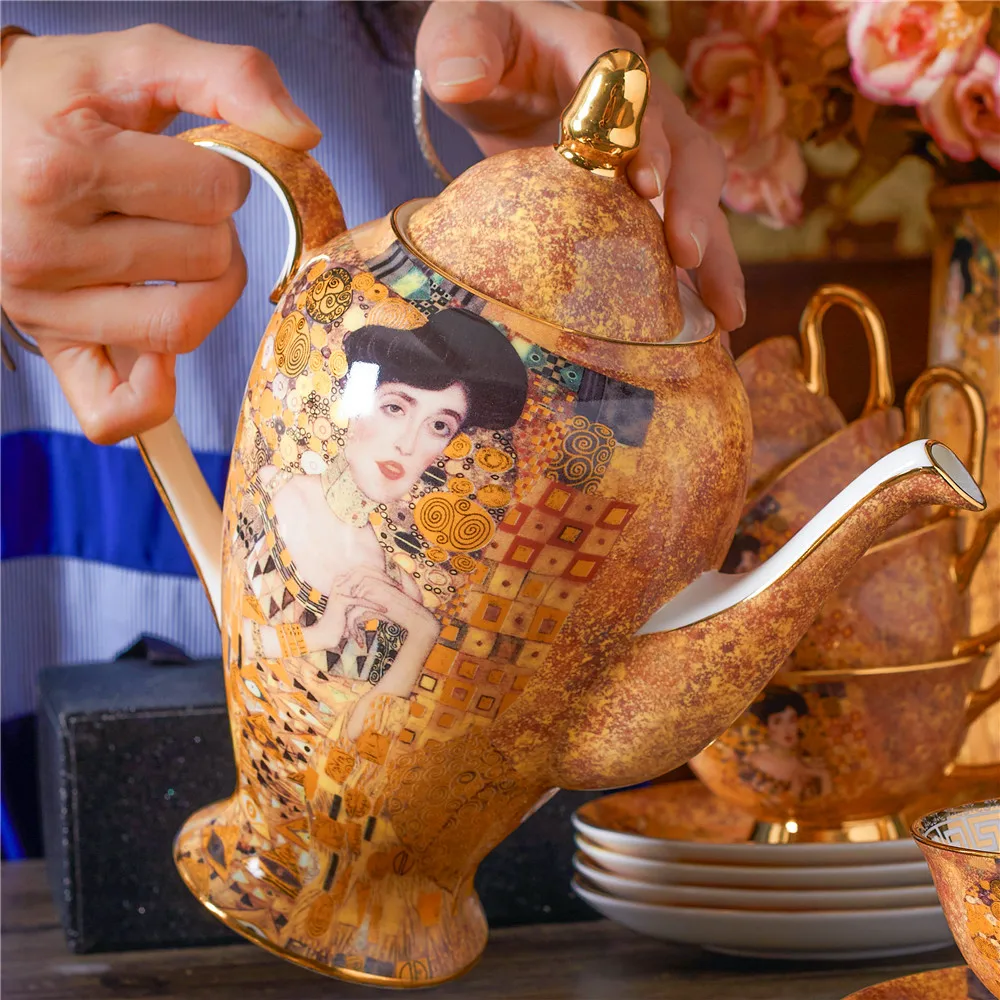 

Роскошный фарфоровый набор чайных чашек с блюдцем Klimt Adela, набор кофейной посуды из костяного фарфора, кофейник, сливочник, сахарница, кувшин для молока, подставка для торта, подставка