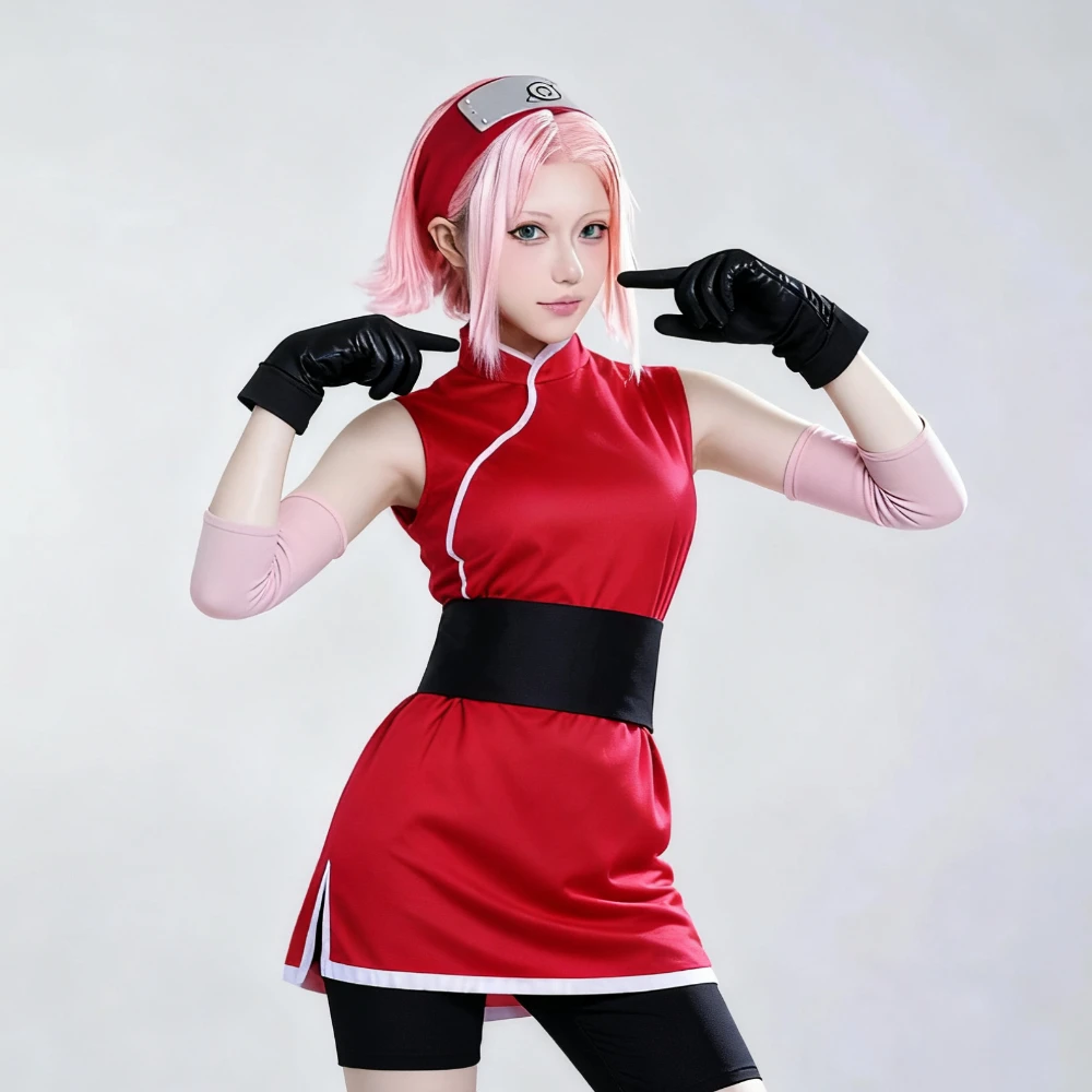 

Anime Haruno Sakura Cosplay Costume Top Skirt Shorts Pouch Cos Convention Halloween Christmas Party Women Girl Fullset