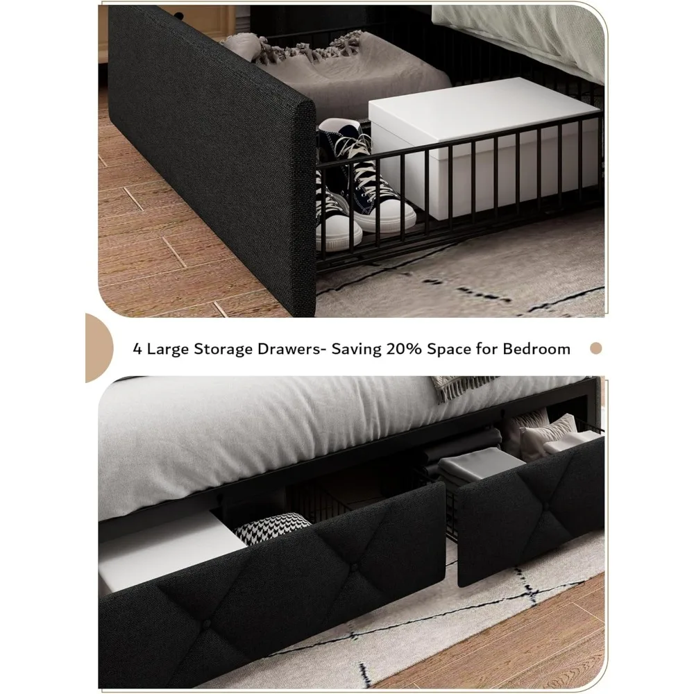 إطار سرير تخزين منجد بالحجم الكامل مع 4 أدراج، وسرير حديث بمنصة مجنح مع محطة شحن