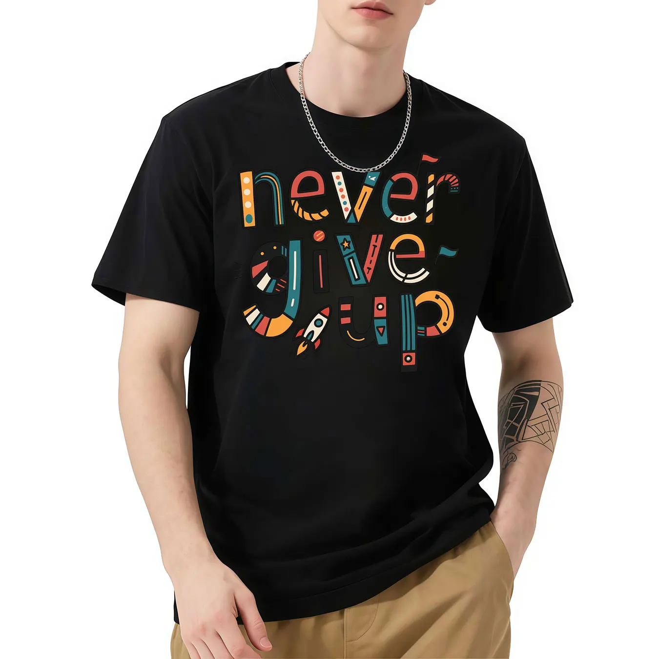 

“Never Give Up” Graphic T - Shirt, Short Sleeve, Motivational Message Print, Colorful and Inspiring, Ideal for Daily Motivatio