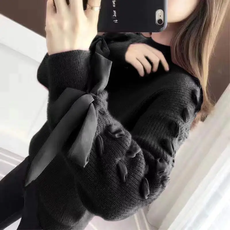 Autumn Winter Half High Collar Bow Lace Up Loose Casual Sweater Ladies Solid Color All-match Knitting Jumper Top Women Pullover