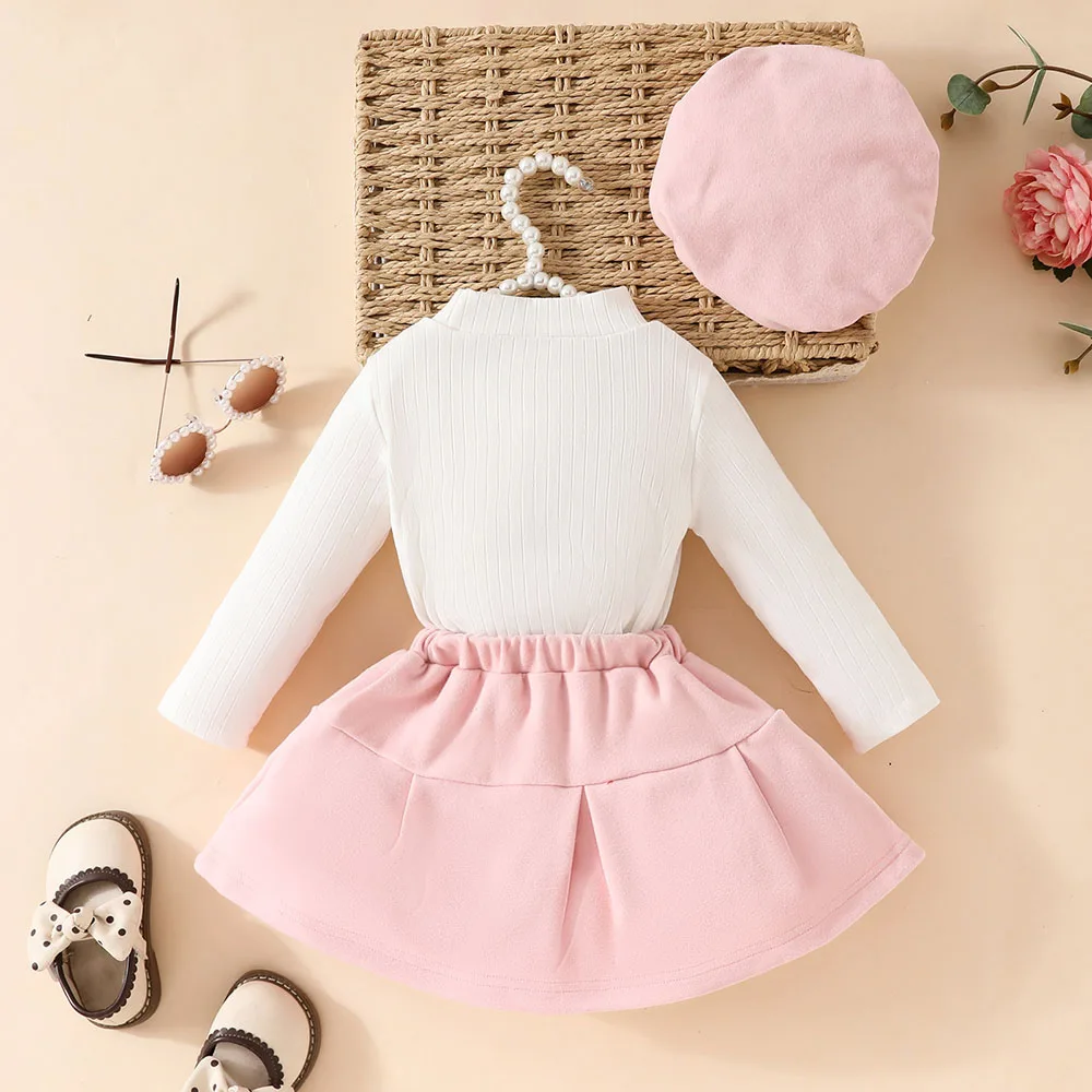 3pcs Autumn kids girls Clothes Long Sleeve Solid color Tops bow Skirt with beret Toddler baby outfit Set