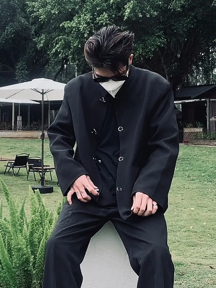 

New Autumn Chinese Sle Stand Collar Metal Bule oulder Pad Design Men's Casual Couple's High-End Suit Jaet