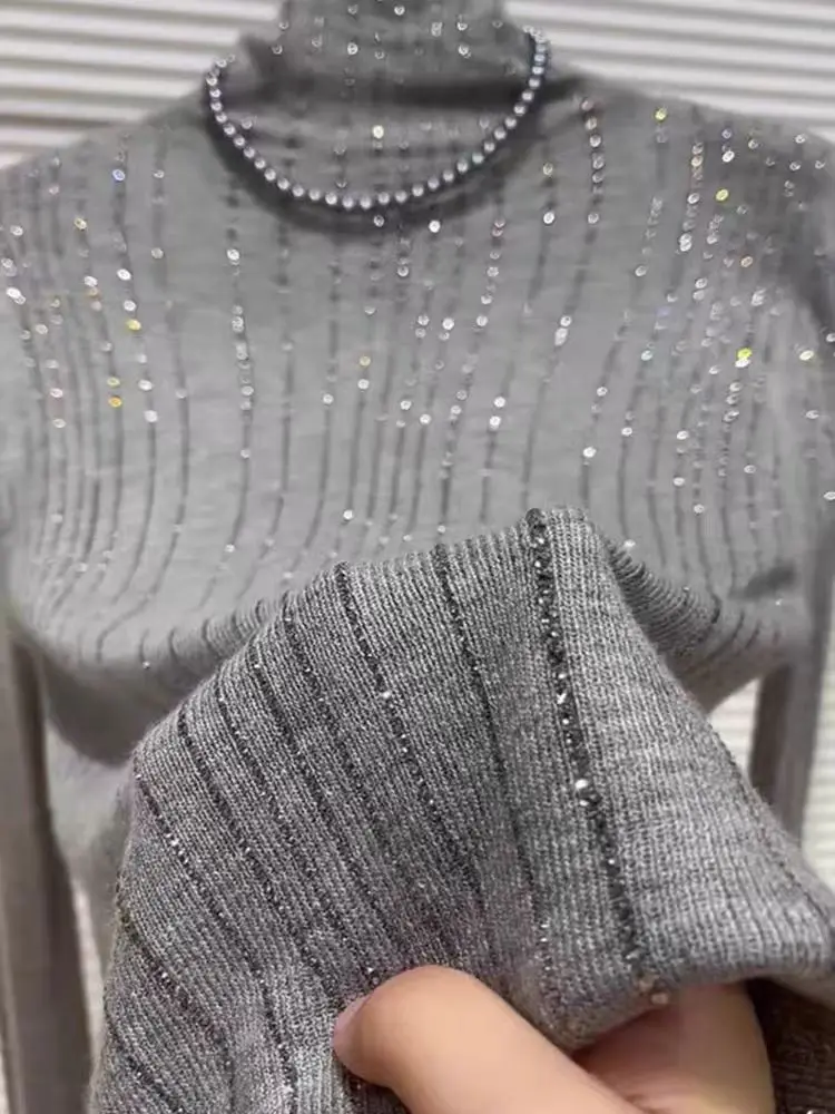 

Роскошный свитер с бриллиантами, женский осенне-зимний свитер с воротником, серый трикотаж, свитера, пуловеры, джемперы, топы