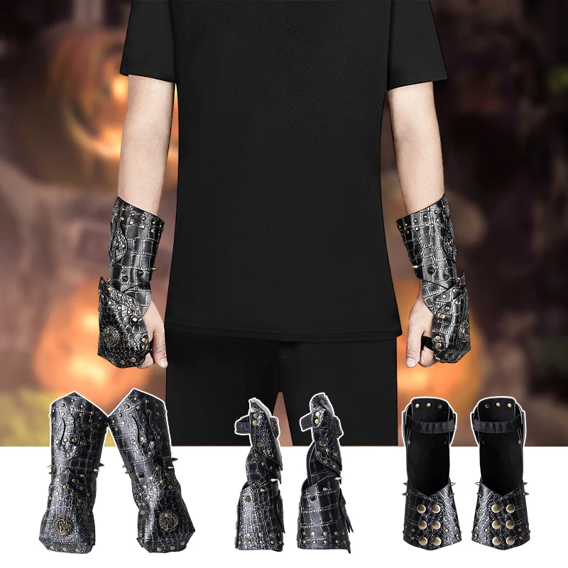 

Steampunk Medieval Black Leather Rivet Bracers - Adjustable Arm Guards for Halloween Cosplay, Unisex Gothic Wristbands
