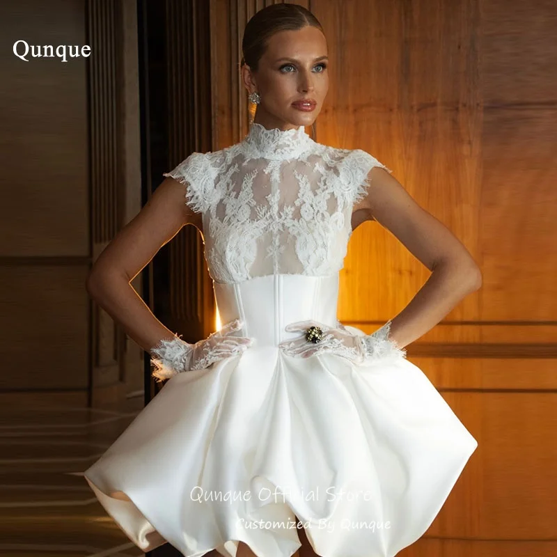 Qunque High Neck See Through Wedding Dresses Satin A Line свадебное платье Puffed Bubble Hem Vestido De Novia Boda Customized