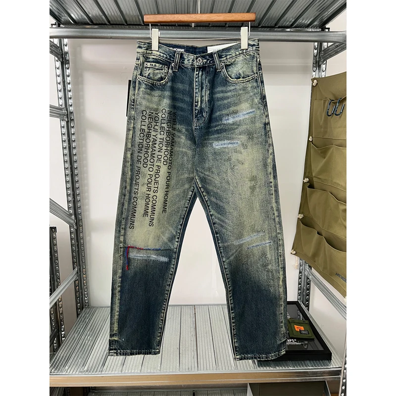 

Ready Stock NEIGHBORWOOD NBHD Distressed Embroidered Patch Vertical Letter Straight Leg Jeans Men Women Loose Denim Pants Japan