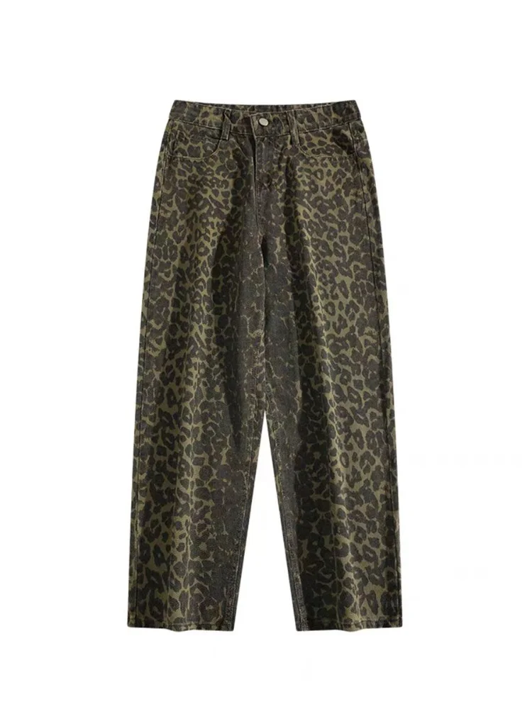 Jeans leopardo de cintura alta para mulheres, calças largas largas, calças de moda streetwear, moda Y2K, calças jeans soltas versáteis, novo, 2024