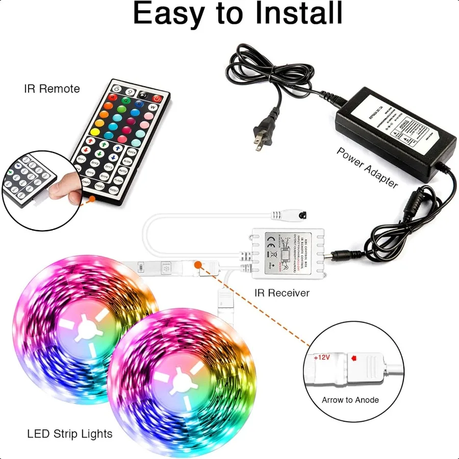 Led Lights for Bedroom 50ft2 Rolls of 25ft RGB 5050 Led Strip Lights Color Changing Kit with 44 Keys Remote Controller and 12V