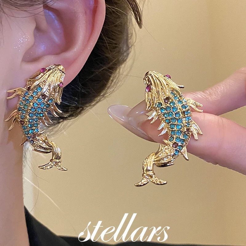 

Vintage Luxury Silver Needle Rhinestone Carp Ear Jewelry New Chinese Style Fashion High-End Temperament Studs