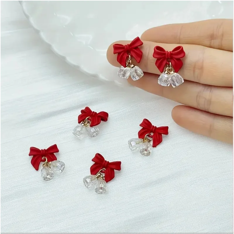 5pcs Festive Christmas Bell Red Bowknot Nail Art Charms New Year 2025 Luxury Crystal Aurora Bell Pendant Nail Decoration Parts