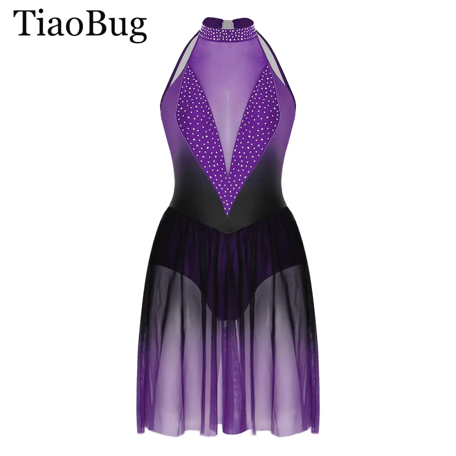 

Women Modern Lyrical Dance Dress Halter Neck Sheer Mesh Rhinestones Ballet Gymnastic Leotards Skating Contemporary Dancewear