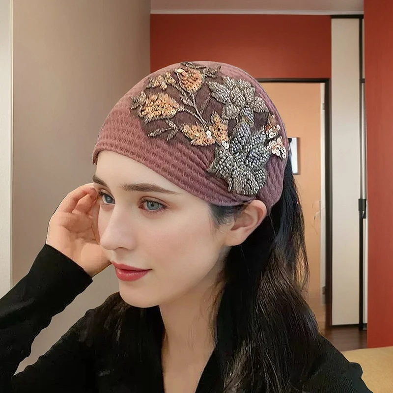 Flower Pattern Shiny Rhinestones Faux Pearls Hair Band High Elastic Wide Hair Hijabs Holder