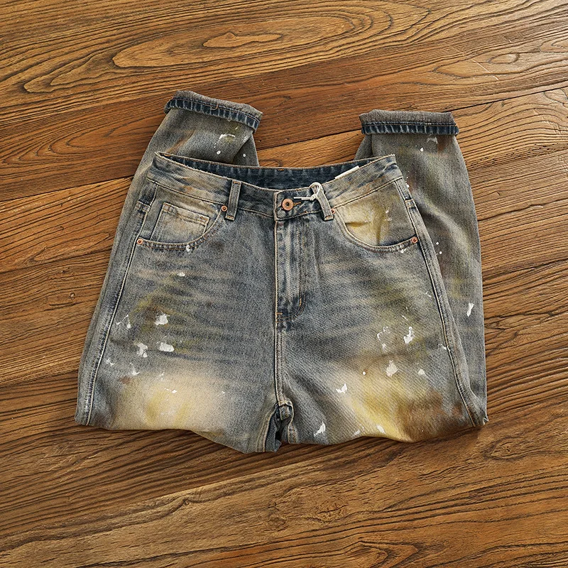 Jeans de perna reta soltos pesados de outono e inverno para homens, calças jeans vintage com tinta salpicada personalizada